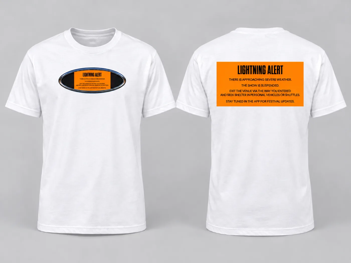 White Lightning Alert tee, front with chrome oval chest print and back with orange warning print